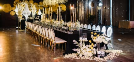 Table decorated for a wedding.