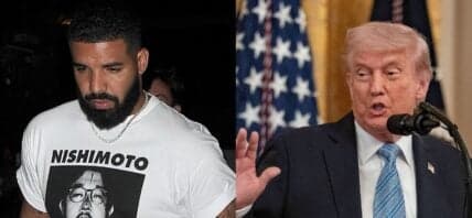 A photo collage of Drake and Donald Trump-