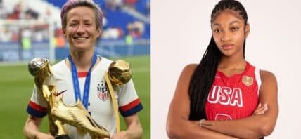 Photo collage of Angel Reese and Megan Rapinoe.