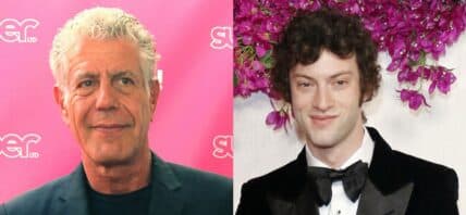 A side-by-side collage of Anthony Bourdain and Dominic Sessa