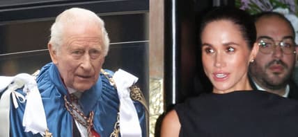 A side-by-side collage of King Charles and Meghan Markle