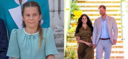 A side-by-side collage of Princess Charlotte (left) and Prince Harry and Meghan Markle (right)
