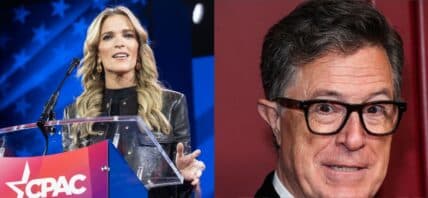Photo collage of Stephen Colbert and Megyn Kelly.