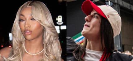 A photo collage of Angel Reese and Caitlin Clark