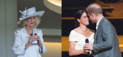 A side-by-side collage of Queen Camilla (left) and Meghan Markle and Prince Harry (right)