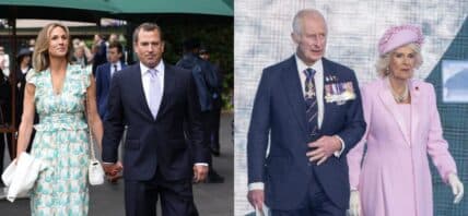 A side-by-side collage of Harriet Sperling and Peter Phillips (left), and King Charles and Queen Camilla (right)