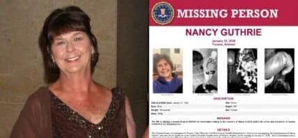 A side-by-side collage of Nancy Guthrie (left) and an FBI Missing Person's notice (right)