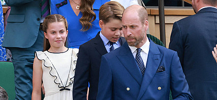 Prince William, The Prince of Wales, Prince George, Princess Charlotte and Catherine, The Princess of Wales watch on as Carlos Alcaraz celebrates a point on day fourteen of the 2025 Wimbledon Championships at the All England Lawn Tennis and Croquet Club, London