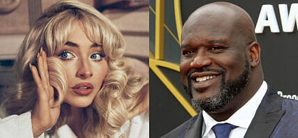 A photo collage of Sabrina Carpenter and Shaquille O'Neal