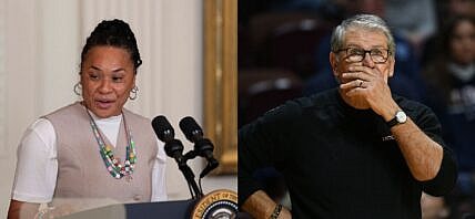 Photo collage of Dawn Staley and Geno Auriemma.