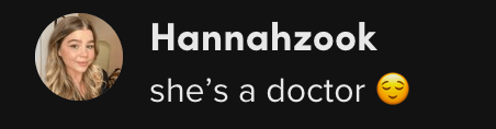 Hannahzook profile card with text "she's a doctor