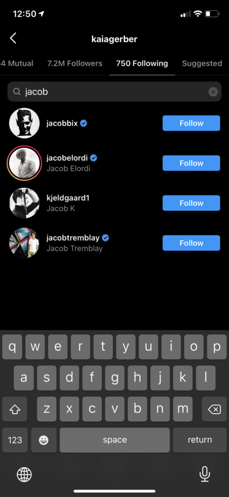 Instagram search results for "jacob" showing verified accounts including Jacob Elordi's profile