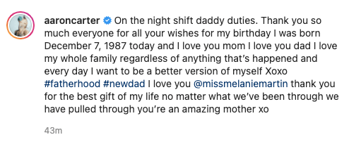 Aaron Carter's Instagram caption.