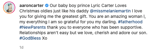 Aaron Carter's Instagram caption.