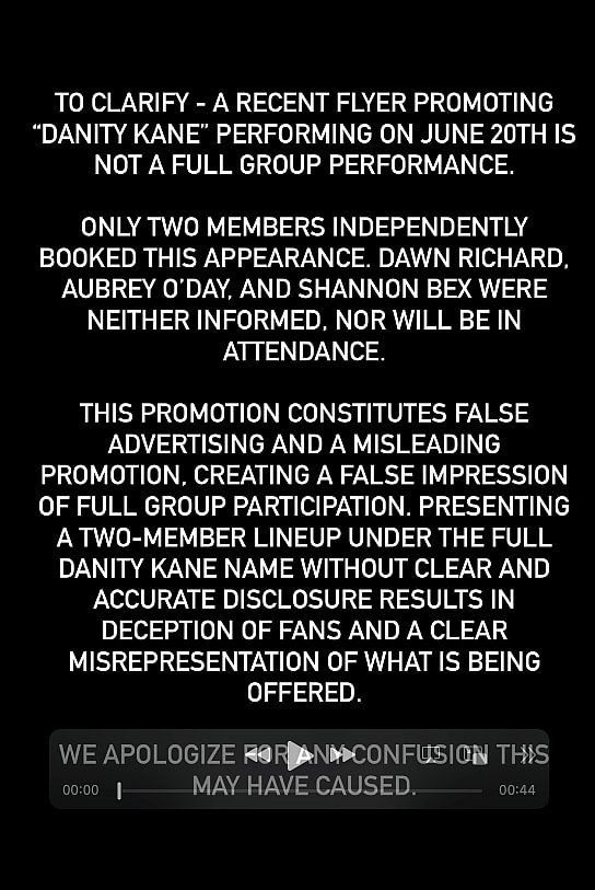 Danity Kane statement on Instagram Stories. 