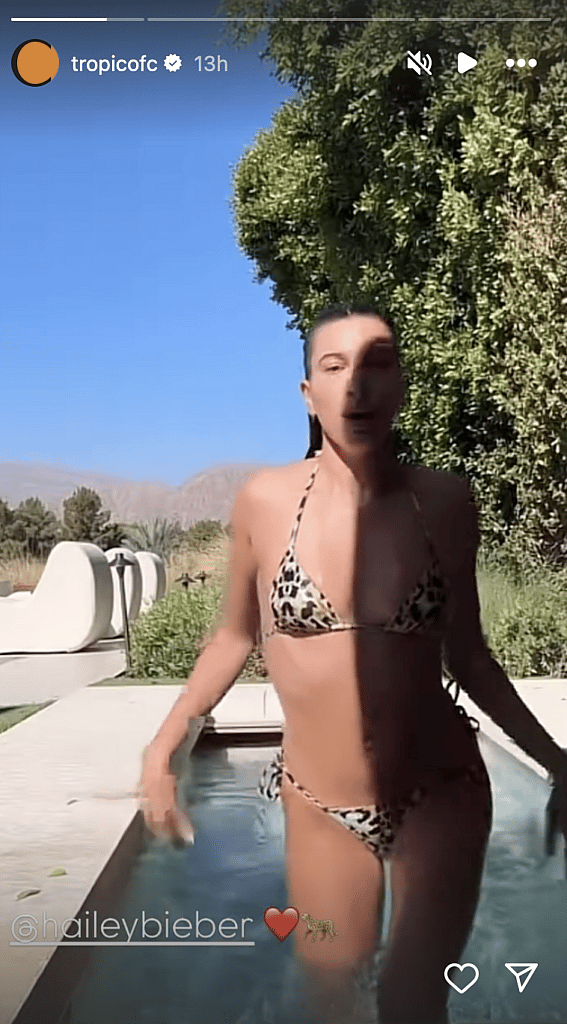 Hailey Bieber shows off her bikini body.