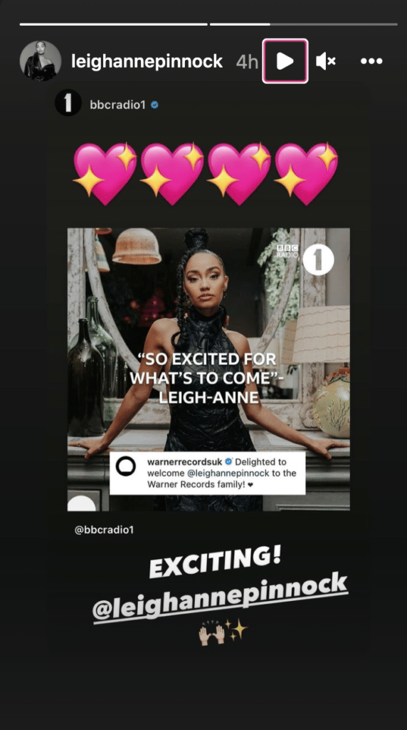 Leigh-Anne Pinnock in black halter top with BBC Radio 1 and Warner Records branding visible