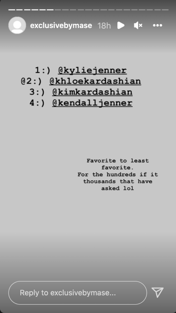 Instagram post ranking Kylie, Khloé, Kim, and Kendall Jenner from favorite to least favorite