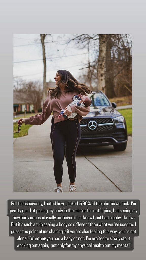 Tia Booth Instagram story post about postpartum body image