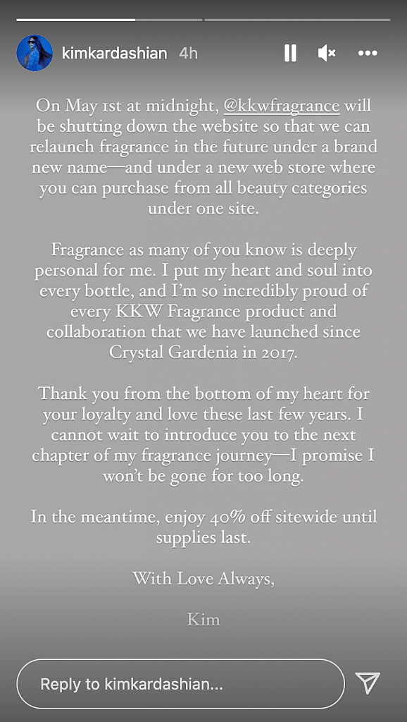 Kim Kardashian's note about shutting down KKW Fragrance