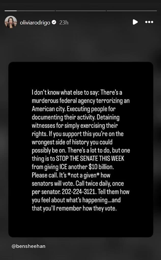 Olivia Rodrigo shares post about ICE
