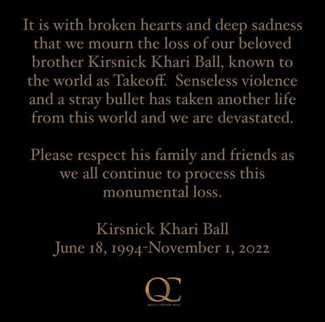 Quality Control Music statement on Takeoff's death