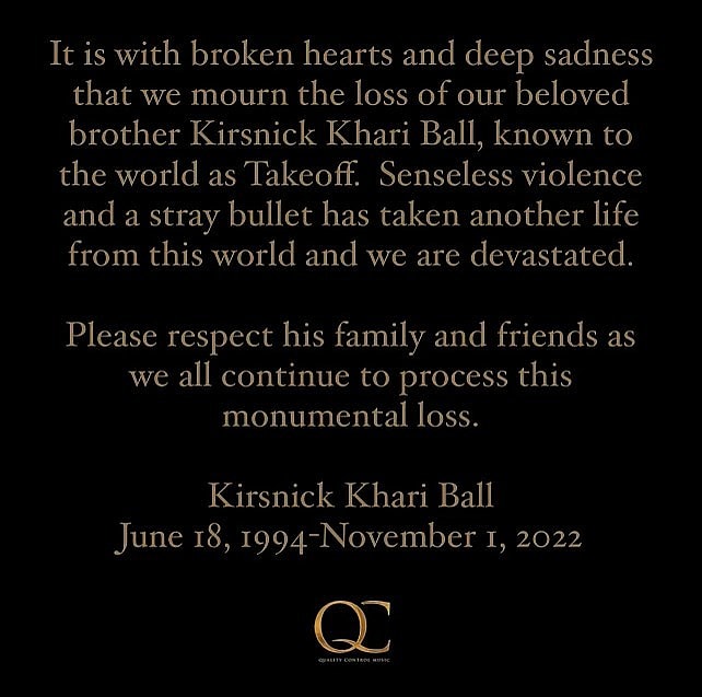 Quality Control Music statement on Takeoff's death