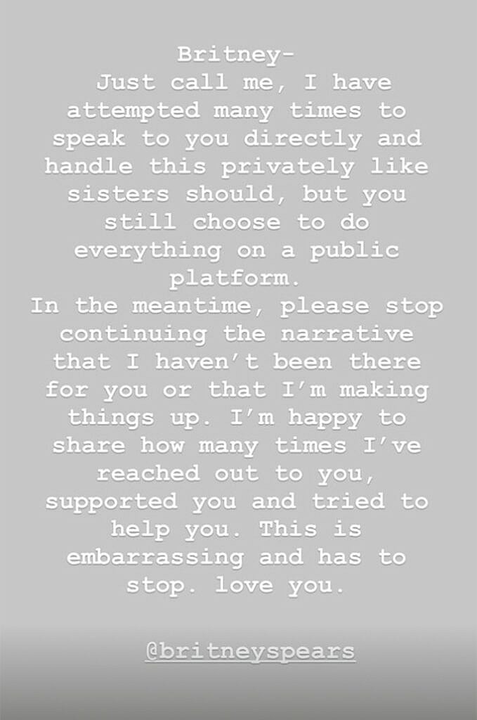 Jamie Lynn Spears Instagram message to Britney