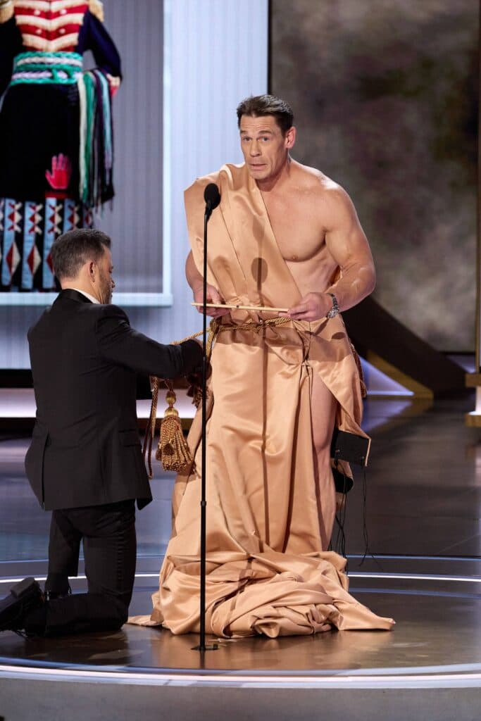 March 10, 2024, Hollywood, California, USA: Emily Blunt and Ryan Gosling celebrate stunt performers and stunt coordinators onstage during the live ABC telecast of the 96th Oscars at the Dolby Theatre at Ovation Hollywood on Sunday, March 10, 2024. 10 Mar 2024 Pictured: March 10, 2024, Hollywood, California, USA: Jimmy Kimmel and John Cena present the Oscar for Costume Design during the live ABC telecast of the 96th Oscars at the Dolby Theatre at Ovation Hollywood on Sunday, March 10, 2024. Photo credit: ZUMAPRESS.com / MEGA TheMegaAgency.com +1 888 505 6342 (Mega Agency TagID: MEGA1109160_030.jpg) [Photo via Mega Agency]