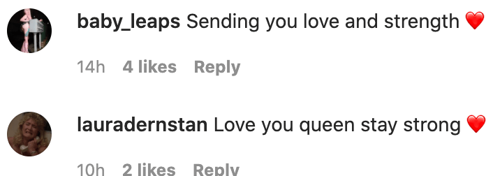 Instagram comments offering support with red heart emojis