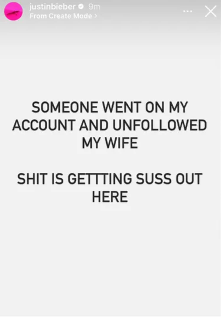 Screenshot of Justin Bieber's Instagram Stories about Hailey Bieber