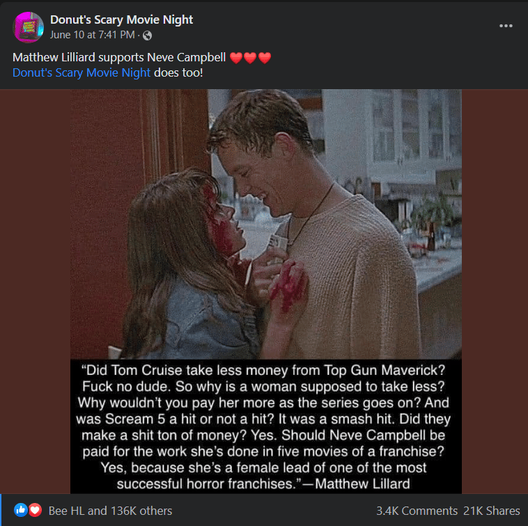 Scream Fans Support Matthew Lillard supporting Neve Campbell