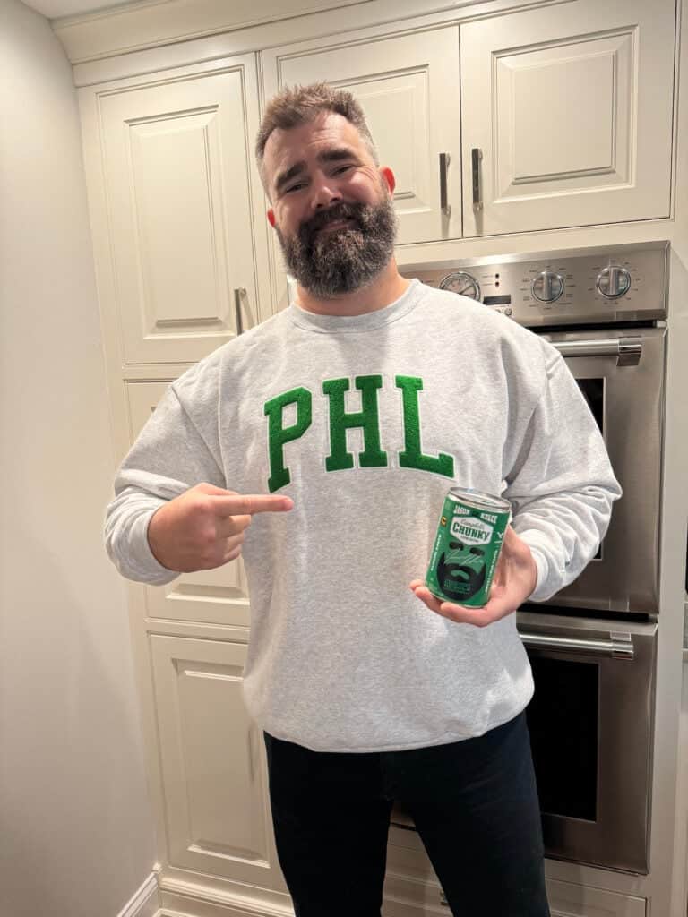 Jason Kelce proudly poses with limited edition Campbells Chunky Soup can featuring his face in honor of NFL retirement