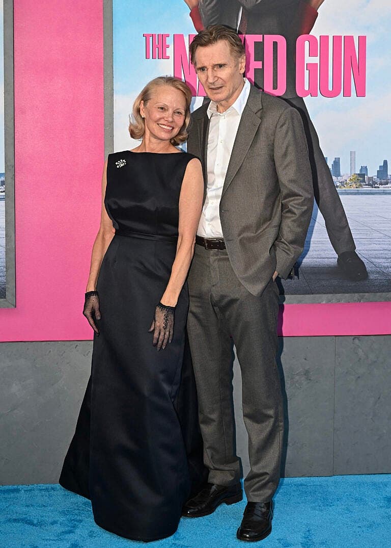 Liam Neeson and Pamela Anderson at the premiere of “The Naked Gun” on July 28, 2025 in New York City.