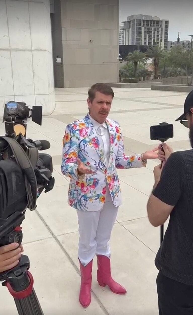 Perez Hilton speaking outside of Las Vegas courtroom