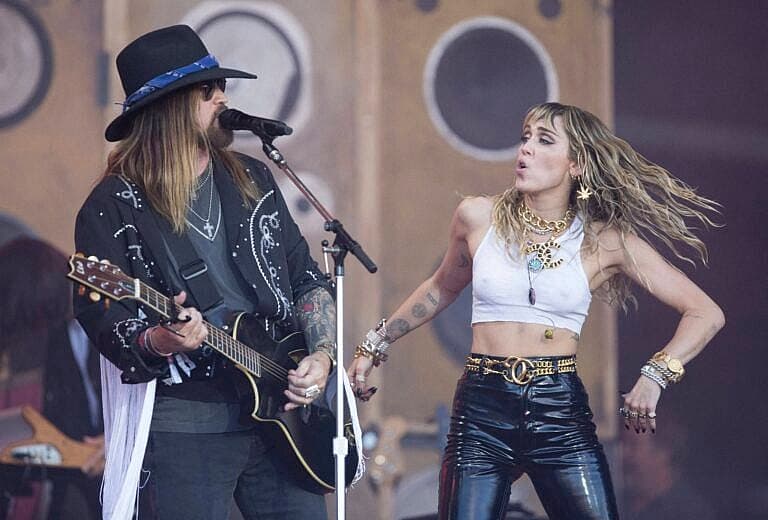 Billy Ray Cyrus and Miley Cyrus performing at Glastonbury Festival 2019