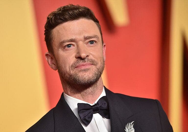 A close up portrait of Justin Timberlake at Vanity Fair Oscar Party 2024