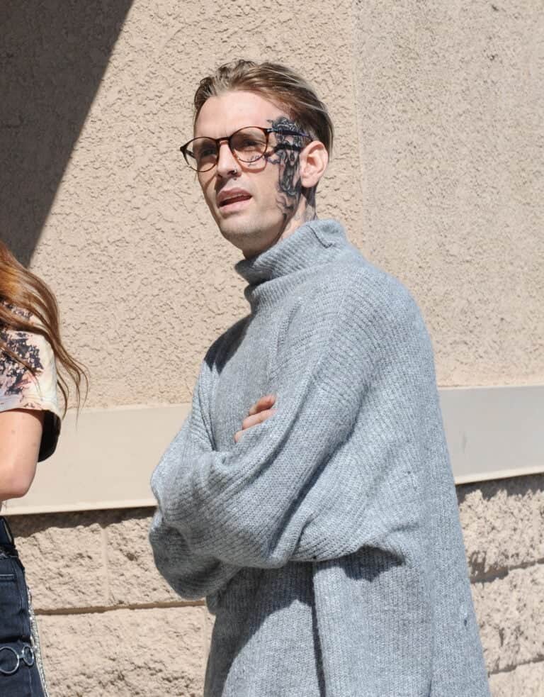 Aaron Carter new face tattoo at the Guitar Center