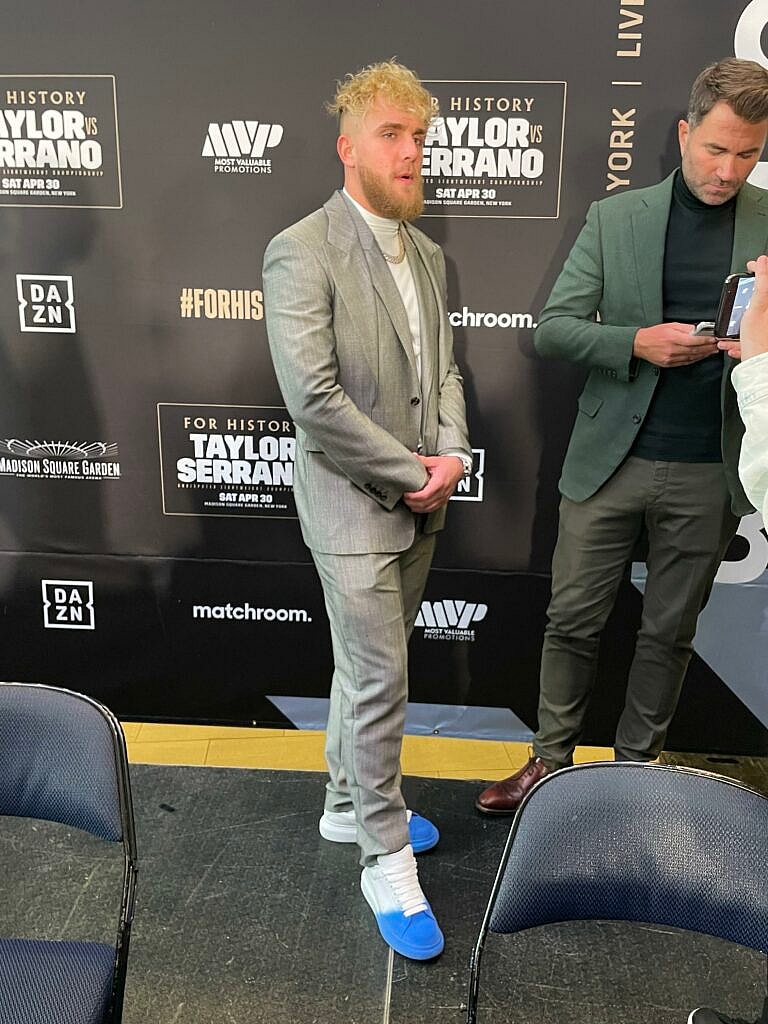 Jake Paul is swarmed by media as girlfriend Julia Rose sits front row to watch the action at boxing event inside MSG