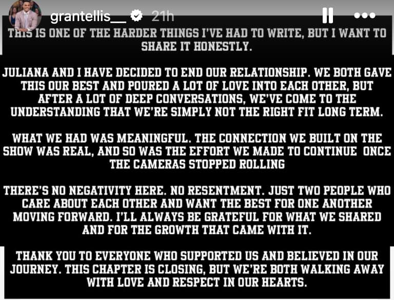 Grant Ellis' Instagram post about his break up