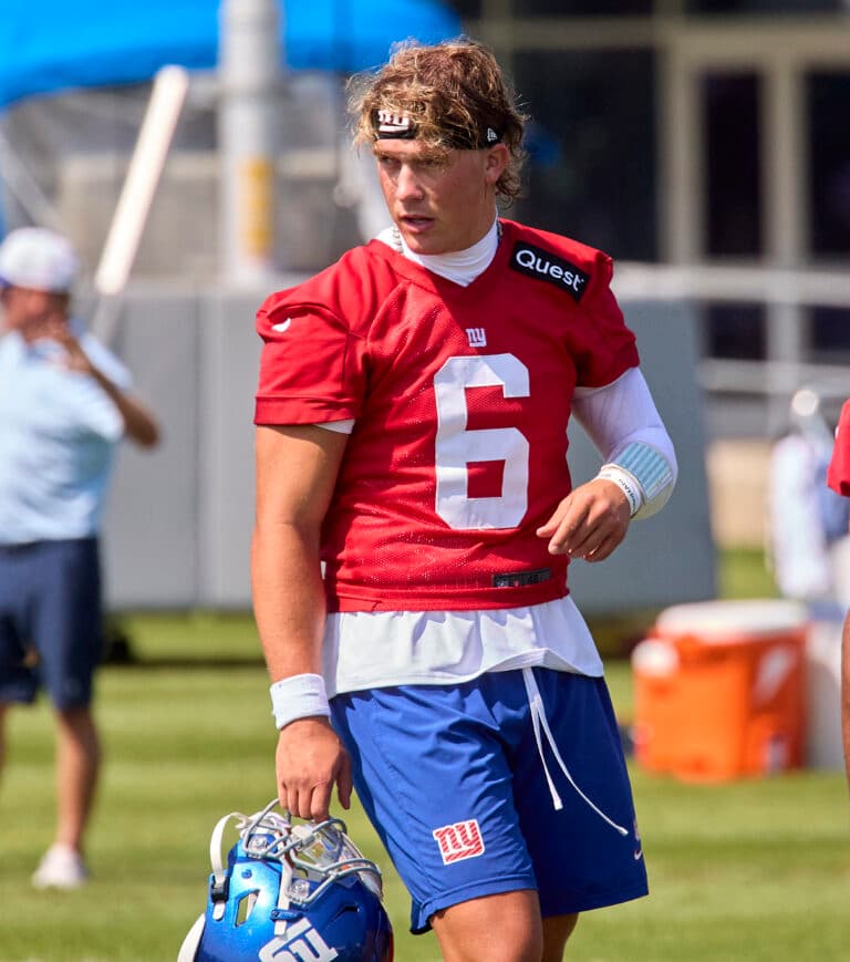 New York Giants quarterback Jaxson Dart (6) during training camp at the Quest Diagnostics Training Center in East Rutherford, New Jersey.