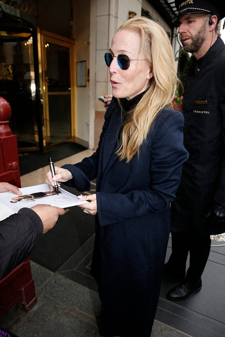 Gillian Anderson arriving at her hotel during Paris Fashion Week