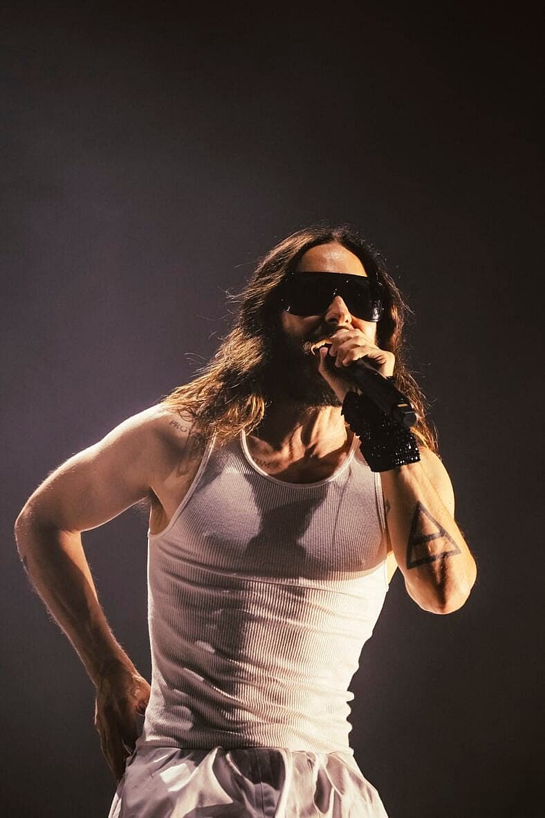 Jared Leto arrives on stage at the Marenostrum Festival in Fuengirola by zip line