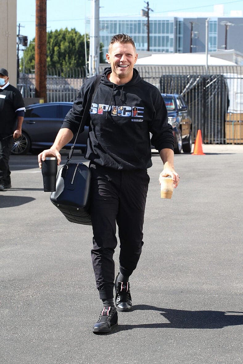 The Miz all smiles in a Spice shirt as he heads into the DWTS studio