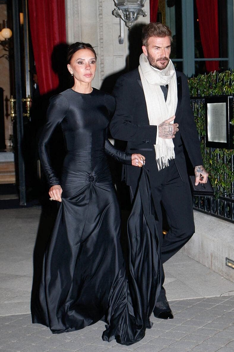 Victoria Beckham and David Beckham are seen leaving their hotel during Paris Fashion Week