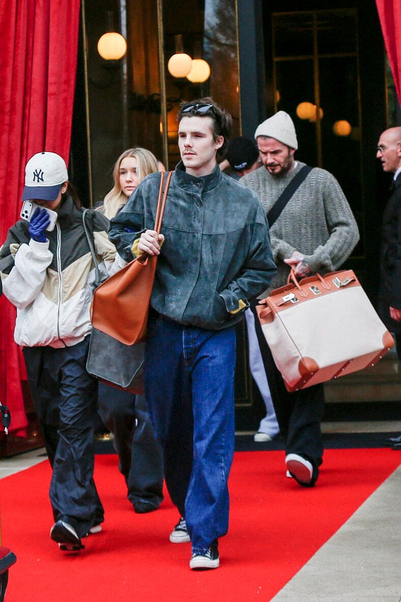 David Beckham, Romeo Beckham, Kim Turnbull, Cruz Beckham and Jackie Apostel leaving their hotel during Paris Fashion Week