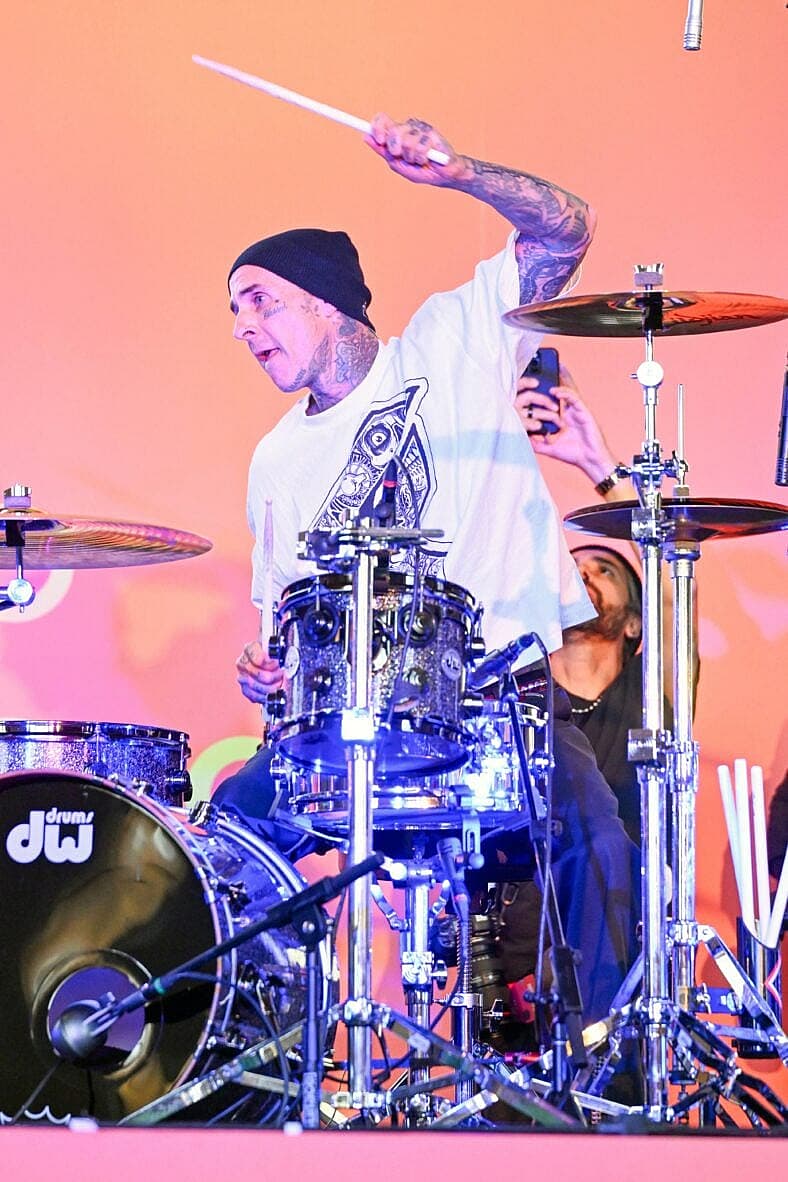 Travis Barker plays drums along side DJ Spider at LA's Union Station as the city Celebrate's FIFa World Cup