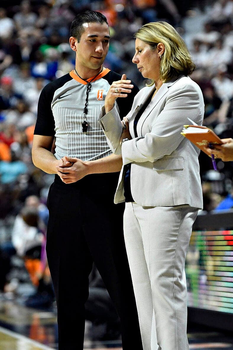 June 9, 2018: Minnesota head coach, Cheryl Reeve, discusses a call with a referee during the WNBA game vs. The Minnesota Lynx  held at Mohegan Sun Arena in Connecticut. The Sun won 89-75 . Ron Waite/CSM(Credit Image: © Ron Waite/Cal Sport Media) Newscom/(Mega Agency TagID: csmphototwo400988.jpg) [Photo via Mega Agency]