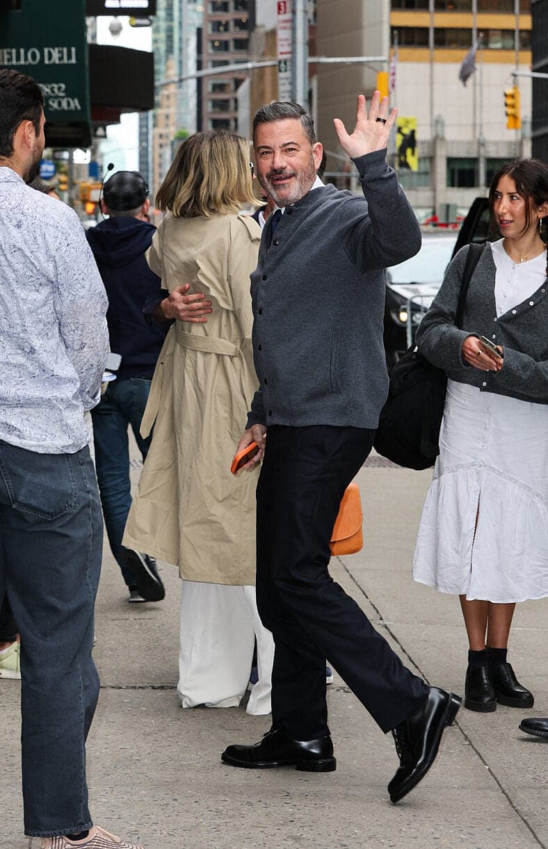 Jimmy Kimmel is all smiles arriving to the Late Show with Stephen Colbert this afternoon in New York City