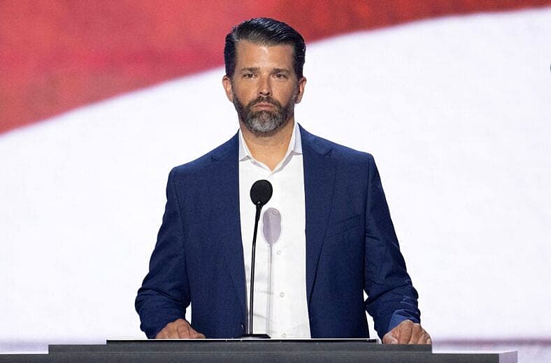 Donald J Trump, Jr participates in a microphone check prior to Day 2 of the 2024 Republican National Convention 